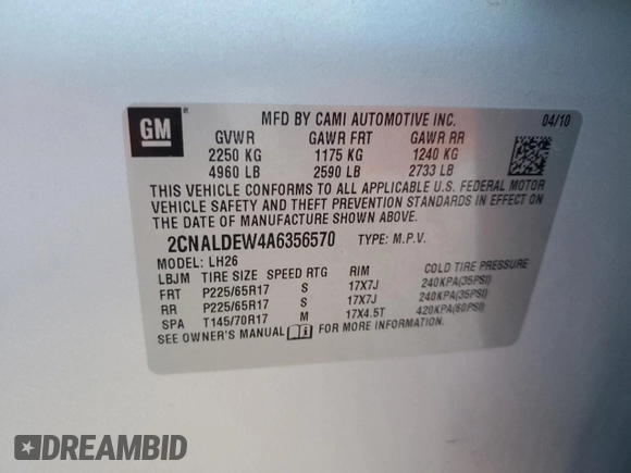 2010 Chevrolet Equinox LT w/1LT with VIN 2CNALDEW4A6356570, listed as a Copart auction lot 82603164 with 156,471 mi miles and Salvage Title. Bid and sale history available at carsss.com. Image 12.