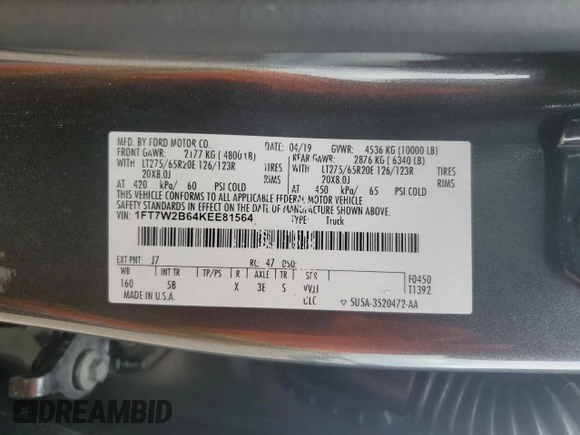 2019 Ford F-250 XL с VIN 1FT7W2B64KEE81564, выставлен на аукционе Copart как лот 51099605 с пробегом 58 233 миль миль и Списание • Salvage title. История ставок и продаж доступна на DreamBid. Изображение 12.