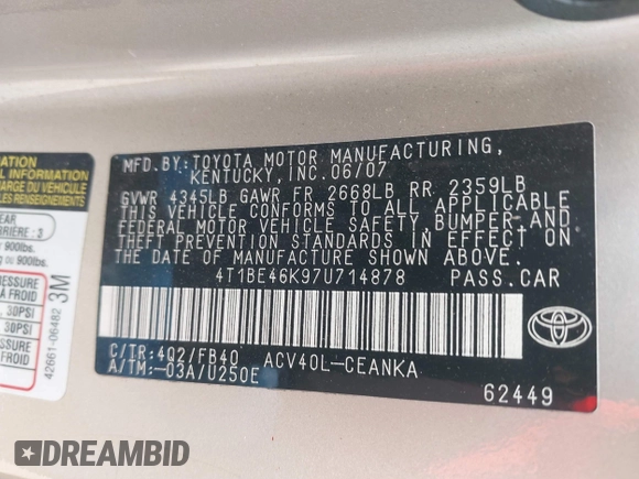 2007 Toyota Camry CE with VIN 4T1BE46K97U714878, listed as a IAAI auction lot 42002509 with 118,118 mi miles and . Bid and sale history available at DreamBid. Image 9.
