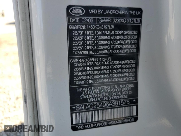 2006 Land Rover LR3 HSE with VIN SALAG25496A381575, listed as a Copart auction lot 63529735 with 154,930 mi miles and Salvage title. Bid and sale history available at DreamBid. Image 13.