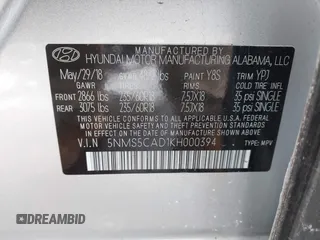 2019 Hyundai Santa Fe Ultimate with VIN 5NMS5CAD1KH000394, listed as a IAAI auction lot 41455421 with 42,886 mi miles and . Bid and sale history available at DreamBid. Image 9.