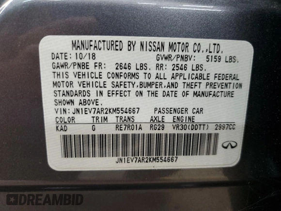 2019 Infiniti Q50 Luxe with VIN JN1EV7AR2KM554667, listed as a Copart auction lot 62788934 with 27,606 mi miles and Salvage Title. Bid and sale history available at carsss.com. Image 12.