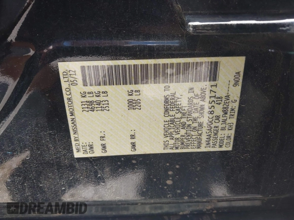 2012 Nissan Maxima SV with VIN 1N4AA5AP0CC855171, listed as a IAAI auction lot 42385030 with 104,453 mi miles and . Bid and sale history available at DreamBid. Image 9.