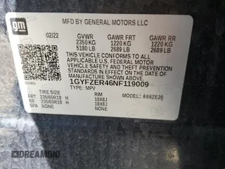 2022 Cadillac XT4 FWD Sport with VIN 1GYFZER46NF119009, listed as a Copart auction lot 57651725 with 37,896 mi miles and Salvage title. Bid and sale history available at DreamBid. Image 13.