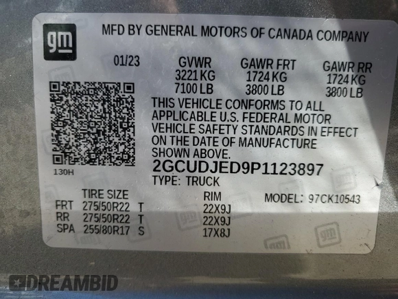 2023 Chevrolet Silverado 1500 with VIN 2GCUDJED9P1123897, listed as a Copart auction lot 46908315 with 27,712 mi miles and Salvage Title. Bid and sale history available at DreamBid. Image 12.