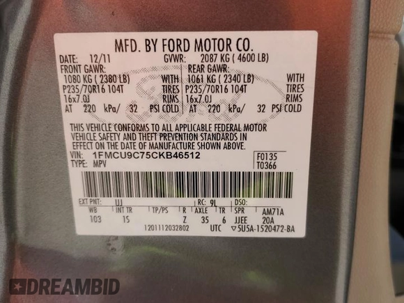 2012 Ford Escape XLS z VIN 1FMCU9C75CKB46512, wystawiony jako Copart lot #50629455 z przebiegiem Nie podano mil oraz Nie do naprawy • Non repairable. Historia ofert i sprzedaży dostępna na DreamBid. Obrazek 14.