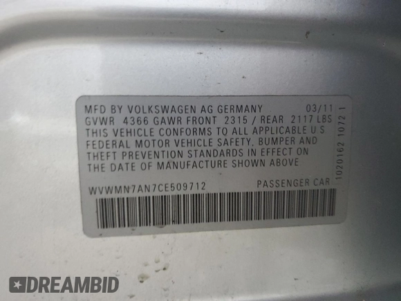2012 Volkswagen CC Sport with VIN WVWMN7AN7CE509712, listed as a Copart auction lot 51003085 with 127,932 mi miles and Salvage Title. Bid and sale history available at DreamBid. Image 14.