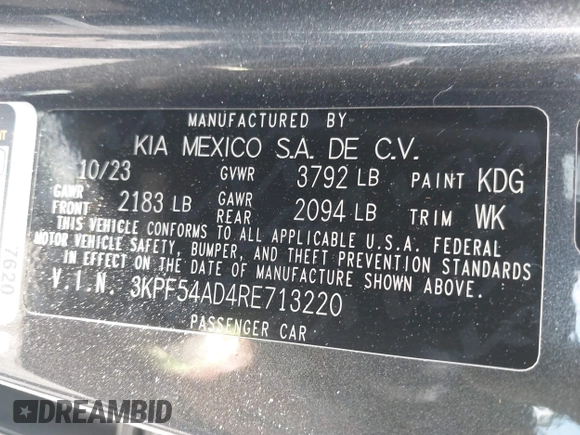 2024 Kia Forte GT-Line with VIN 3KPF54AD4RE713220, listed as a IAAI auction lot 42152996 with 37,649 mi miles. Bid and sale history available at carsss.com. Image 9.