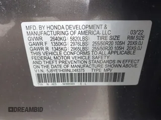 2022 Acura MDX w/A-Spec Package with VIN 5J8YE1H09NL048375, listed as a IAAI auction lot 41746490 with 49,470 mi miles and . Bid and sale history available at DreamBid. Image 9.