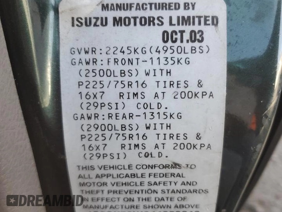 2004 Isuzu Rodeo S with VIN 4S2CK58W344303242, listed as a Copart auction lot 75339714 with 106,659 mi miles and Salvage title. Bid and sale history available at DreamBid. Image 15.