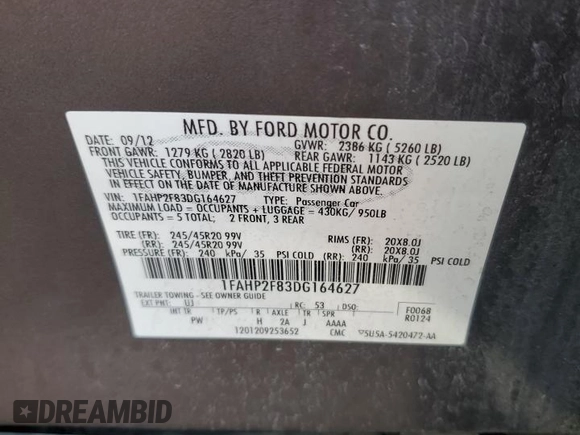 2013 Ford Taurus Limited с VIN 1FAHP2F83DG164627, выставлен на аукционе Copart как лот 44708664 с пробегом 102 017 миль миль и Списание • Salvage title. История ставок и продаж доступна на DreamBid. Изображение 12.