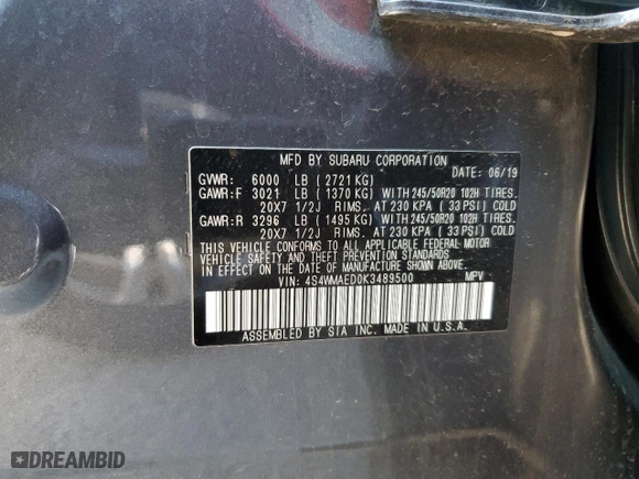 2019 Subaru Ascent Premium with VIN 4S4WMAED0K3489500, listed as a Copart auction lot 69543763 with 44,164 mi miles. Bid and sale history available at carsss.com. Image 14.