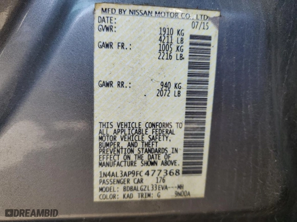 2015 Nissan Altima 2.5 SV with VIN 1N4AL3AP9FC477368, listed as a Copart auction lot 53802335 with 75,989 mi miles and Salvage Title. Bid and sale history available at carsss.com. Image 12.