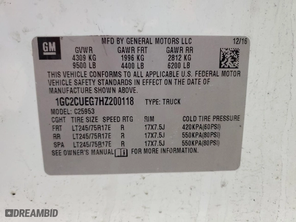 2017 Chevrolet Silverado 2500HD Work Truck with VIN 1GC2CUEG7HZ200118, listed as a Copart auction lot 48985075 with 290,932 mi miles and Clean Title. Bid and sale history available at carsss.com. Image 12.