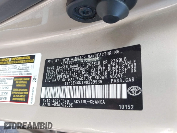 2009 Toyota Camry with VIN 4T1BE46K49U299939, listed as a IAAI auction lot 42012226 with 141,302 mi miles. Bid and sale history available at carsss.com. Image 9.