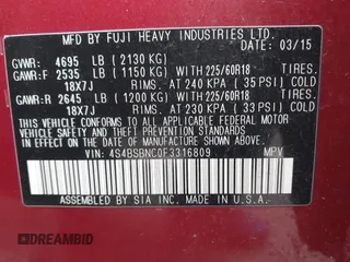 2015 Subaru Outback Limited with VIN 4S4BSBNC0F3316809, listed as a IAAI auction lot 41751576 with 120,788 mi miles and . Bid and sale history available at DreamBid. Image 9.