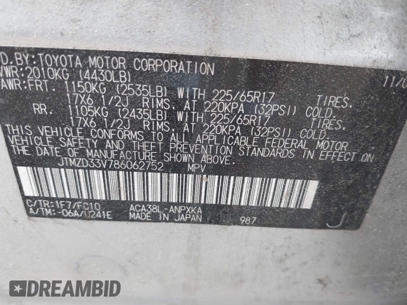 2008 Toyota RAV4 with VIN JTMZD33V786062752, listed as a IAAI auction lot 42180915 with 168,242 mi miles. Bid and sale history available at carsss.com. Image 9.