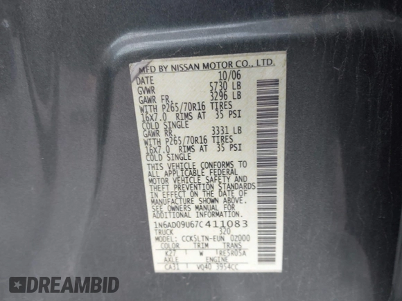 2007 Nissan Frontier SE z VIN 1N6AD09U67C411083, wystawiony jako IAAI lot #41691251 z przebiegiem 186 495 mil mil oraz . Historia ofert i sprzedaży dostępna na DreamBid. Obrazek 9.