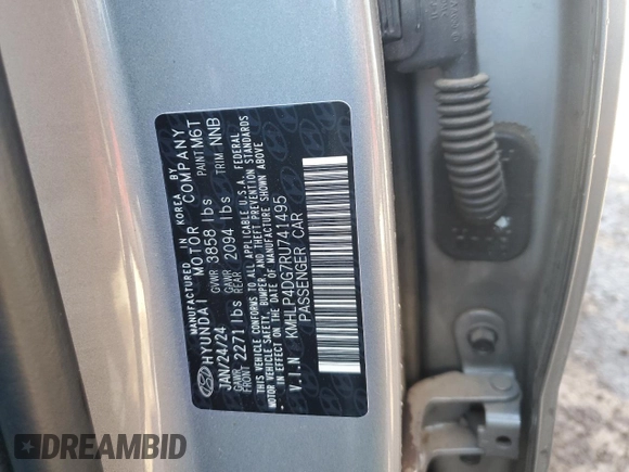 2024 Hyundai Elantra Limited with VIN KMHLP4DG7RU741495, listed as a Copart auction lot 48252005 with 15,049 mi miles and Salvage Title. Bid and sale history available at DreamBid. Image 13.