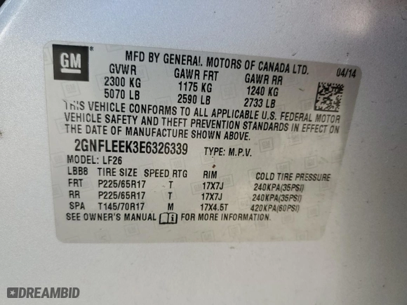2014 Chevrolet Equinox LS with VIN 2GNFLEEK3E6326339, listed as a Copart auction lot 54270165 with 137,281 mi miles and Clean Title. Bid and sale history available at carsss.com. Image 13.