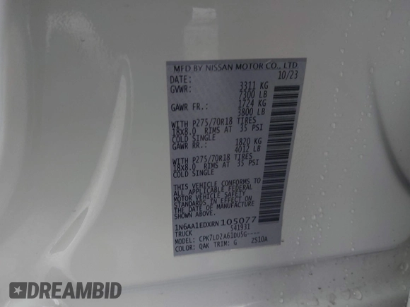 2024 Nissan Titan Pro-4X with VIN 1N6AA1EDXRN105077, listed as a IAAI auction lot 41545734 with 8,505 mi miles and . Bid and sale history available at DreamBid. Image 9.
