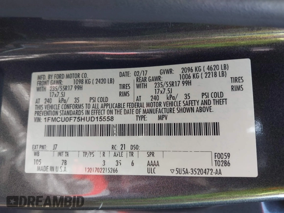 2017 Ford Escape S z VIN 1FMCU0F75HUD15558, wystawiony jako IAAI lot #41890712 z przebiegiem 158 441 mil mil oraz . Historia ofert i sprzedaży dostępna na DreamBid. Obrazek 9.