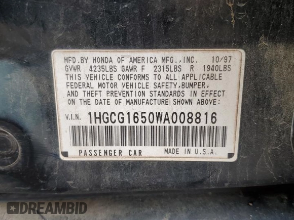 1998 Honda Accord EX z VIN 1HGCG1650WA008816, wystawiony jako Copart lot #84199724 z przebiegiem 150 848 mil mil oraz Szkoda całkowita • Salvage title. Historia ofert i sprzedaży dostępna na DreamBid. Obrazek 12.
