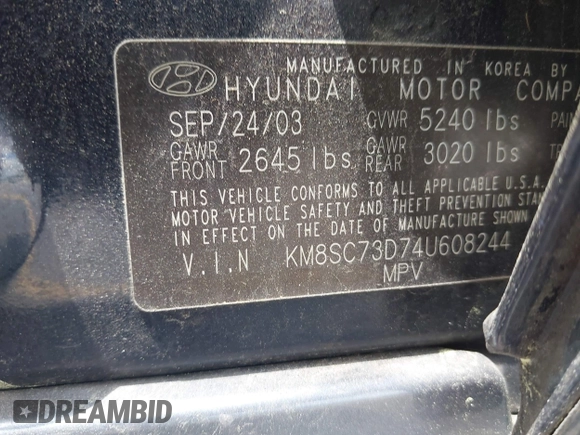 2004 Hyundai Santa Fe GLS with VIN KM8SC73D74U608244, listed as a IAAI auction lot 42142464 with 138,537 mi miles. Bid and sale history available at carsss.com. Image 9.