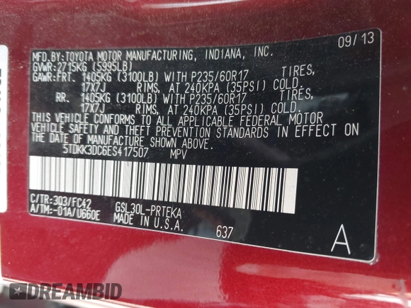 2014 Toyota Sienna LE AAS с VIN 5TDKK3DC6ES417507, выставлен на аукционе IAAI как лот 42419179 с пробегом 156 058 миль миль и . История ставок и продаж доступна на DreamBid. Изображение 9.