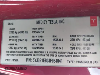 2018 Tesla Model 3 Long Range Battery with VIN 5YJ3E1EB0JF064041, listed as a IAAI auction lot 41562239 with 54,720 mi miles and . Bid and sale history available at DreamBid. Image 9.