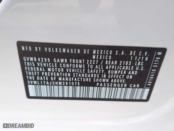 2017 Volkswagen Jetta 1.8T SEL with VIN 3VWL17AJ3HM291075, listed as a IAAI auction lot 41753232 with 132,603 mi miles. Bid and sale history available at carsss.com. Image 9.