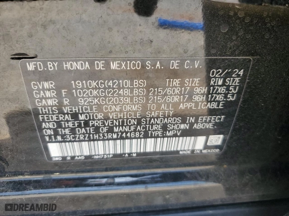 2024 Honda HR-V LX with VIN 3CZRZ1H33RM744682, listed as a Copart auction lot 51623665 with 16,254 mi miles and Salvage Title. Bid and sale history available at carsss.com. Image 15.