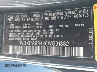2006 BMW X3 3.0i with VIN WBXPA93446WG91382, listed as a IAAI auction lot 41911860 with 242,210 mi miles. Bid and sale history available at carsss.com. Image 9.