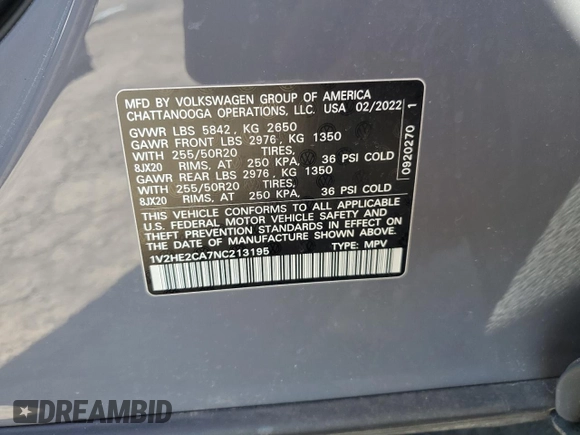2022 Volkswagen Atlas SE z VIN 1V2HE2CA7NC213195, wystawiony jako Copart lot #50336425 z przebiegiem 113 293 mil mil oraz Szkoda całkowita • Salvage title. Historia ofert i sprzedaży dostępna na DreamBid. Obrazek 13.