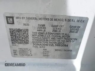 2020 Chevrolet Equinox LS with VIN 3GNAXHEV2LS693094, listed as a IAAI auction lot 42016112 with 1 mi miles. Bid and sale history available at carsss.com. Image 9.