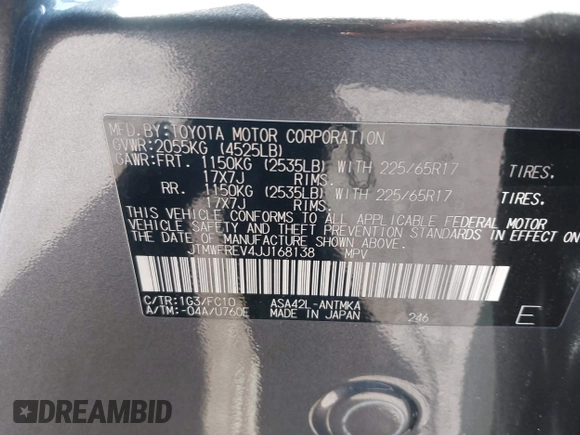 2018 Toyota RAV4 XLE z VIN JTMWFREV4JJ168138, wystawiony jako IAAI lot #41845337 z przebiegiem 122 509 mil mil oraz . Historia ofert i sprzedaży dostępna na DreamBid. Obrazek 9.