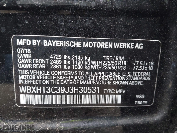 2018 BMW X1 xDrive28i with VIN WBXHT3C39J3H30531, listed as a IAAI auction lot 41890734 with 59,147 mi miles. Bid and sale history available at carsss.com. Image 9.