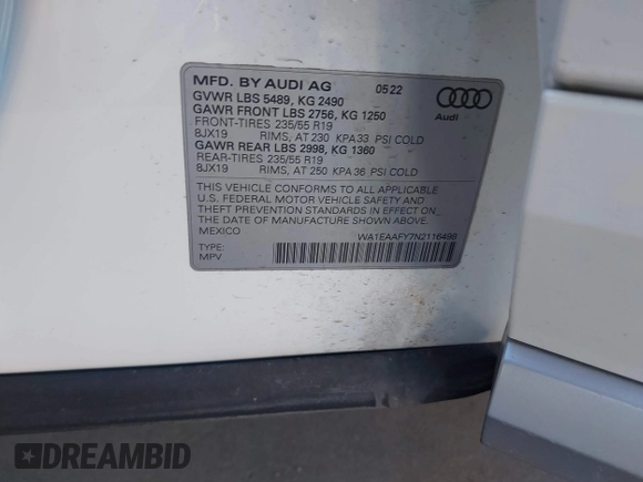 2022 Audi Q5 S line Premium Plus with VIN WA1EAAFY7N2116498, listed as a IAAI auction lot 42077807 with 24,996 mi miles and . Bid and sale history available at DreamBid. Image 9.