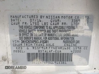 2016 Nissan Versa SV z VIN 3N1CN7AP5GL915381, wystawiony jako IAAI lot #42334410 z przebiegiem 86 373 mil mil oraz . Historia ofert i sprzedaży dostępna na DreamBid. Obrazek 9.