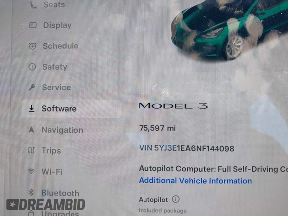 2022 Tesla Model 3 with VIN 5YJ3E1EA6NF144098, listed as a IAAI auction lot 41965360 with 75,597 mi miles. Bid and sale history available at carsss.com. Image 7.