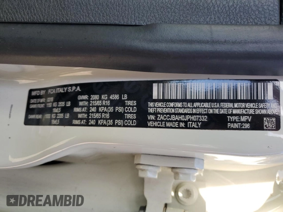 2018 Jeep Renegade Sport with VIN ZACCJBAH0JPH07332, listed as a Copart auction lot 76322434 with Not provided miles and Salvage title. Bid and sale history available at DreamBid. Image 14.