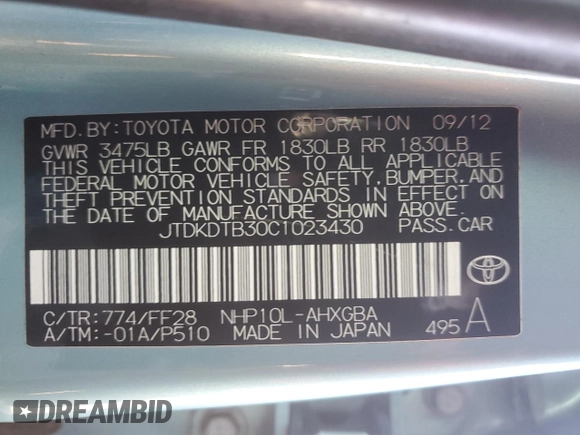 2012 Toyota Prius One with VIN JTDKDTB30C1023430, listed as a Copart auction lot 48027695 with 90,728 mi miles and Salvage Title. Bid and sale history available at DreamBid. Image 14.