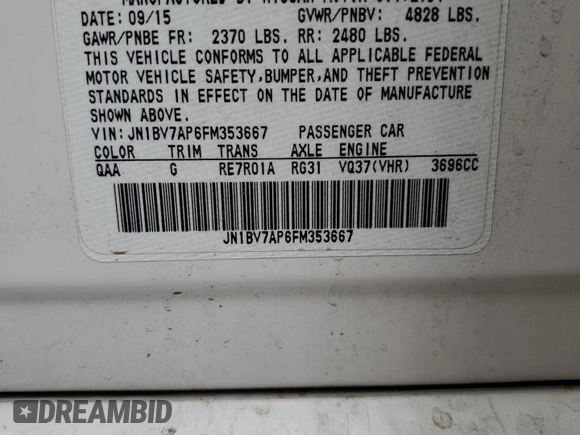 2015 Infiniti Q50 Premium with VIN JN1BV7AP6FM353667, listed as a Copart auction lot 62381025 with 119,482 mi miles and Salvage title. Bid and sale history available at DreamBid. Image 12.