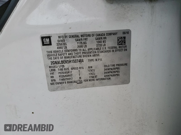 2017 Chevrolet Equinox LS with VIN 2GNALBEK5H1507484, listed as a Copart auction lot 50244405 with 117,068 mi miles and Salvage Title. Bid and sale history available at DreamBid. Image 12.