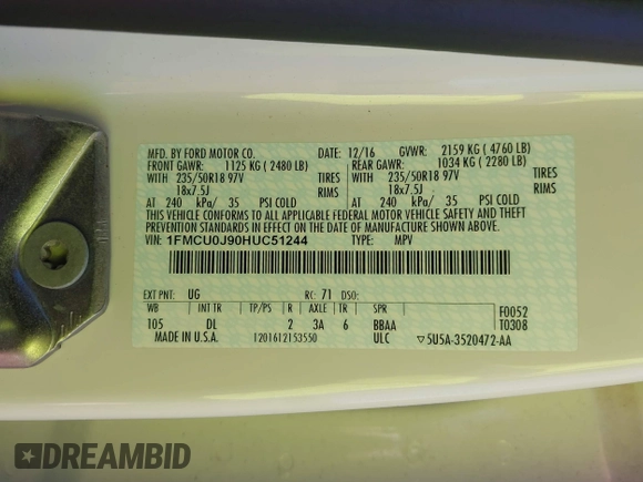 2017 Ford Escape Titanium with VIN 1FMCU0J90HUC51244, listed as a IAAI auction lot 42206165 with 106,847 mi miles and . Bid and sale history available at DreamBid. Image 9.