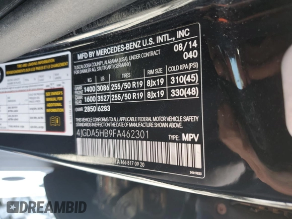 2015 Mercedes-Benz M ML 350 with VIN 4JGDA5HB9FA462301, listed as a Copart auction lot 53440005 with Not Provided miles and Salvage Title. Bid and sale history available at carsss.com. Image 15.