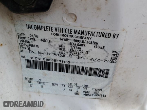 2008 Ford F-250 z VIN 1FDNF21508EE31135, wystawiony jako Copart lot #54377625 z przebiegiem 135 755 mil mil oraz Szkoda całkowita • Salvage title. Historia ofert i sprzedaży dostępna na DreamBid. Obrazek 12.