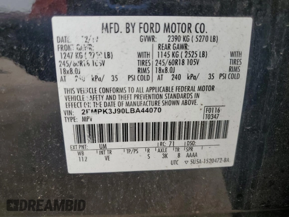 2020 Ford Edge SEL z VIN 2FMPK3J90LBA44070, wystawiony jako Copart lot #54606065 z przebiegiem 63 153 mil mil oraz Szkoda całkowita • Salvage title. Historia ofert i sprzedaży dostępna na DreamBid. Obrazek 12.