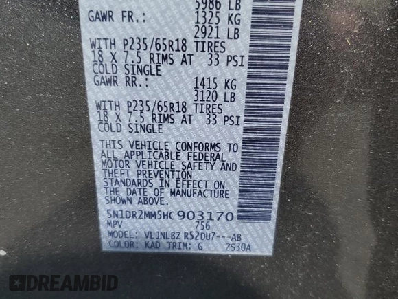 2017 Nissan Pathfinder SV z VIN 5N1DR2MM5HC903170, wystawiony jako Copart lot #49207495 z przebiegiem 90 280 mil mil oraz Szkoda całkowita • Salvage title. Historia ofert i sprzedaży dostępna na DreamBid. Obrazek 13.