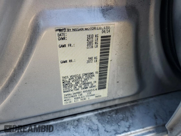 2014 Nissan Altima 2.5 with VIN 1N4AL3AP8EC404054, listed as a Copart auction lot 50624015 with 124,854 mi miles and Salvage Title. Bid and sale history available at DreamBid. Image 14.